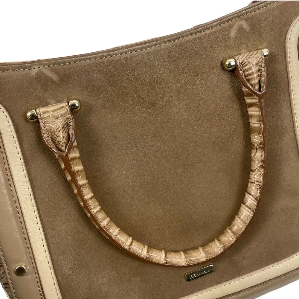 Brahmin Small Lena Satchel Bag Travertine Brevik Croc Embossed Suede Tan